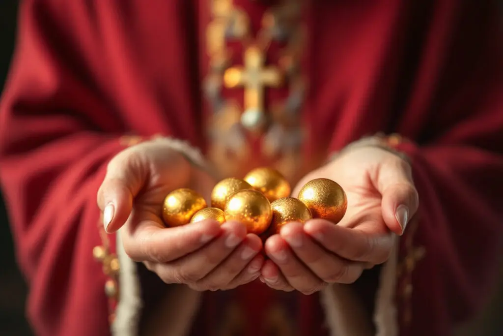 sveti nikola kao biskup koji u rukama drži tri zlatne kugle tradicionalni prikaz koji odgovara na pitanje kako izgleda sveti nikola sveti nikola kao biskup koji u rukama drži tri zlatne kugle tradicionalni prikaz koji odgovara na pitanje kako izgleda sveti nikola