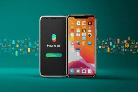 Android telefon i iPhone jedan pored drugog s prikazom prijenosa podataka pomoću aplikacije Move to iOS
