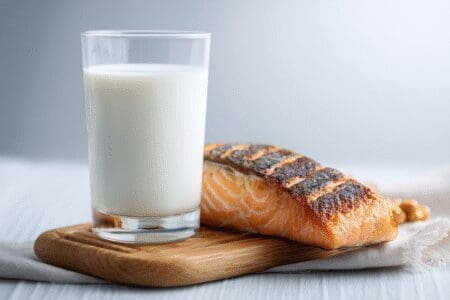 Čaša mlijeka i komad lososa kao primjer prehrane za kontrolu kalcija i vitamina D radi smanjenja PTH hormona