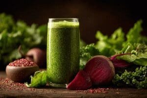 Čaša zelenog smoothieja okružena svježim povrćem što simbolizira prirodne načine za smanjenje ALT enzima