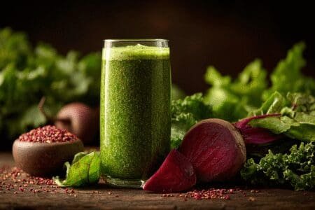 Čaša zelenog smoothieja okružena svježim povrćem što simbolizira prirodne načine za smanjenje ALT enzima