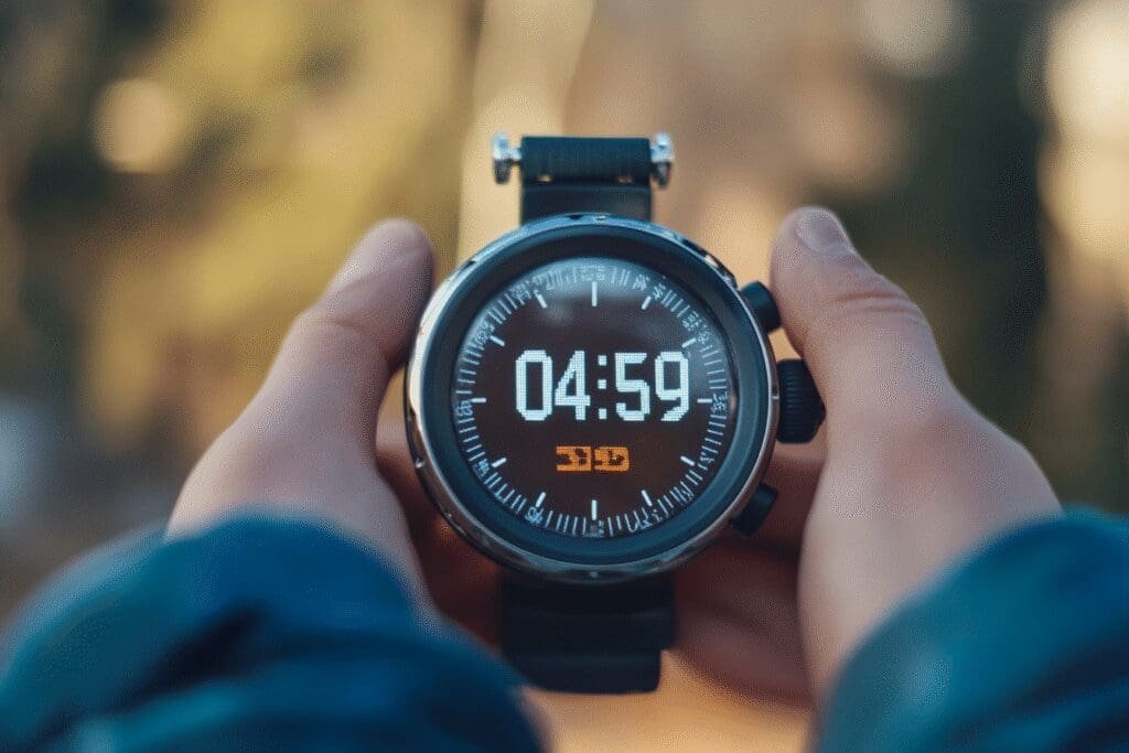 Digitalna štoperica koja pokazuje vrijeme ispod 5 minuta dok osoba u pozadini mirno radi vježbu disanja za hitno snižavanje tlaka