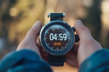 Digitalna štoperica koja pokazuje vrijeme ispod 5 minuta dok osoba u pozadini mirno radi vježbu disanja za hitno snižavanje tlaka