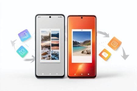 Dva Samsung mobitela jedan pored drugog s ikonama podataka koje se prenose s jednog na drugi pomoću aplikacije Smart Switch