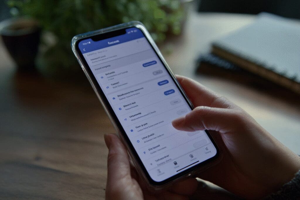 Ekran mobitela prikazuje navigaciju kroz Facebook postavke do liste blokiranih osoba