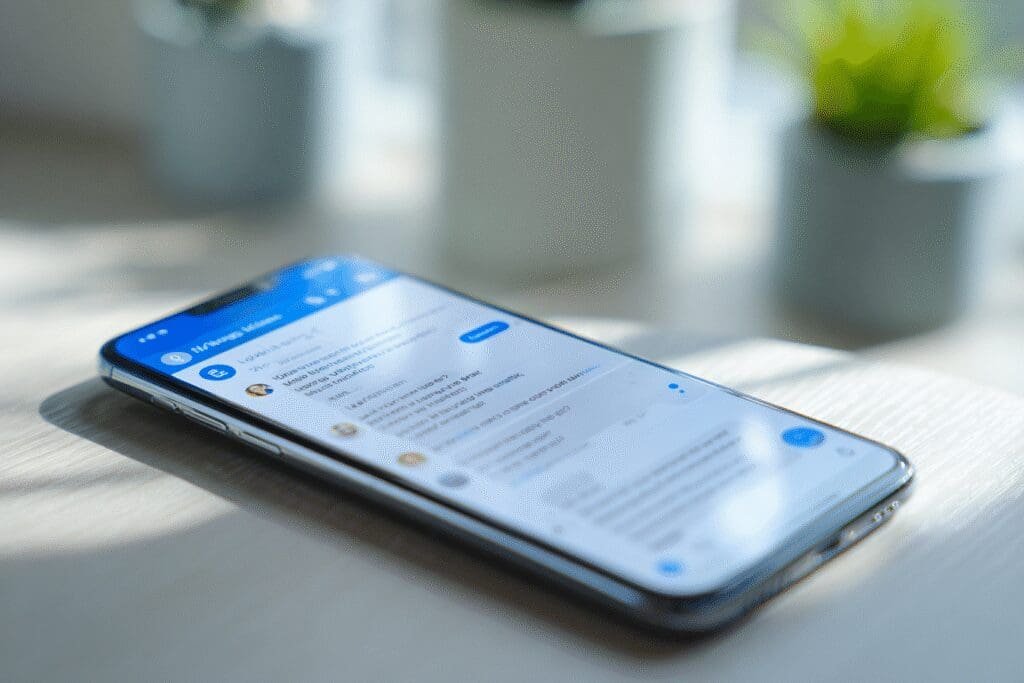 Ekran mobitela prikazuje ponovnu prijavu u Messenger i povratak starih poruka što simbolizira reaktivaciju računa