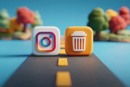 Ikona Instagrama na raskrižju gdje jedan put vodi do simbola za pauzu a drugi do kante za smeće predstavljajući izbor između deaktivacije i brisanja