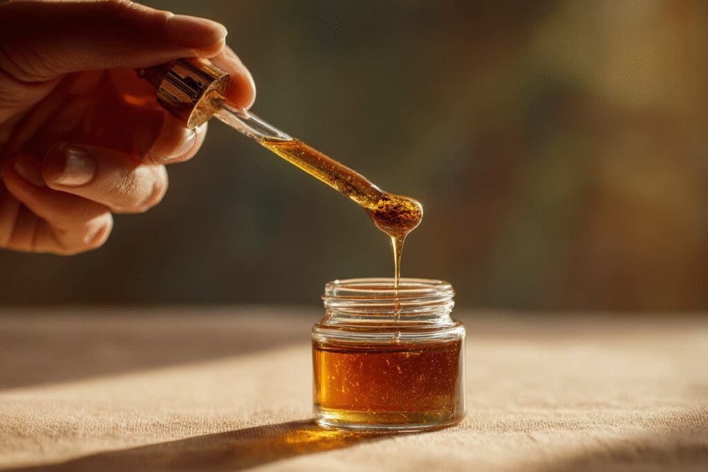 Krupni plan ruke koja kapa propolis na žličicu meda prikazujući pravilno doziranje i primjenu propolis kapi
