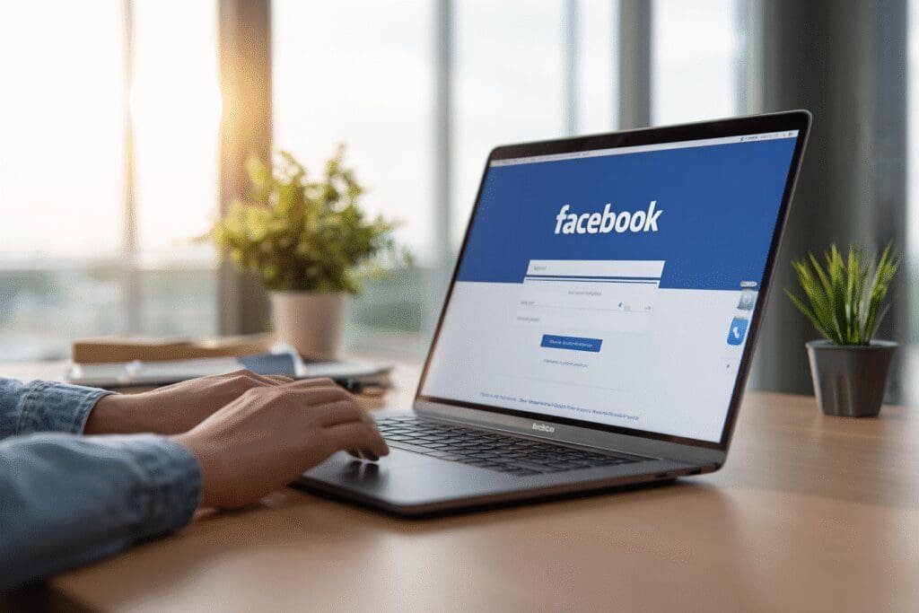Laptop na stolu prikazuje Facebook stranicu za prijavu ilustrirajući korak po korak vodič za kreiranje korisničkog računa