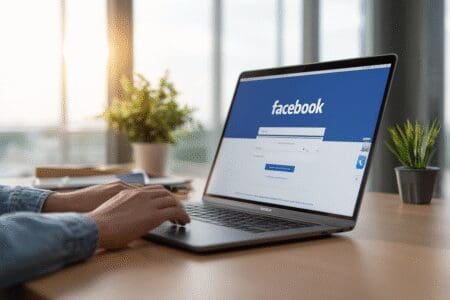 Laptop na stolu prikazuje Facebook stranicu za prijavu ilustrirajući korak po korak vodič za kreiranje korisničkog računa