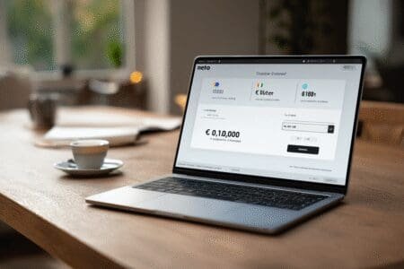 Osoba koristi online kalkulator na laptopu za izračun plaće iz bruto u neto iznos s prikazom hrvatske zastave i simbola eura
