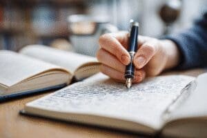Osoba piše u bilježnicu uz otvoreni hrvatski pravopis što simbolizira učenje gramatike i pravilnog pisanja