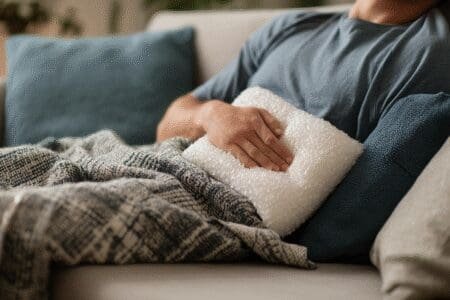 Osoba se odmara na kauču i stavlja hladan oblog na rebra prikazujući kućno liječenje natučenih rebara za brži oporavak