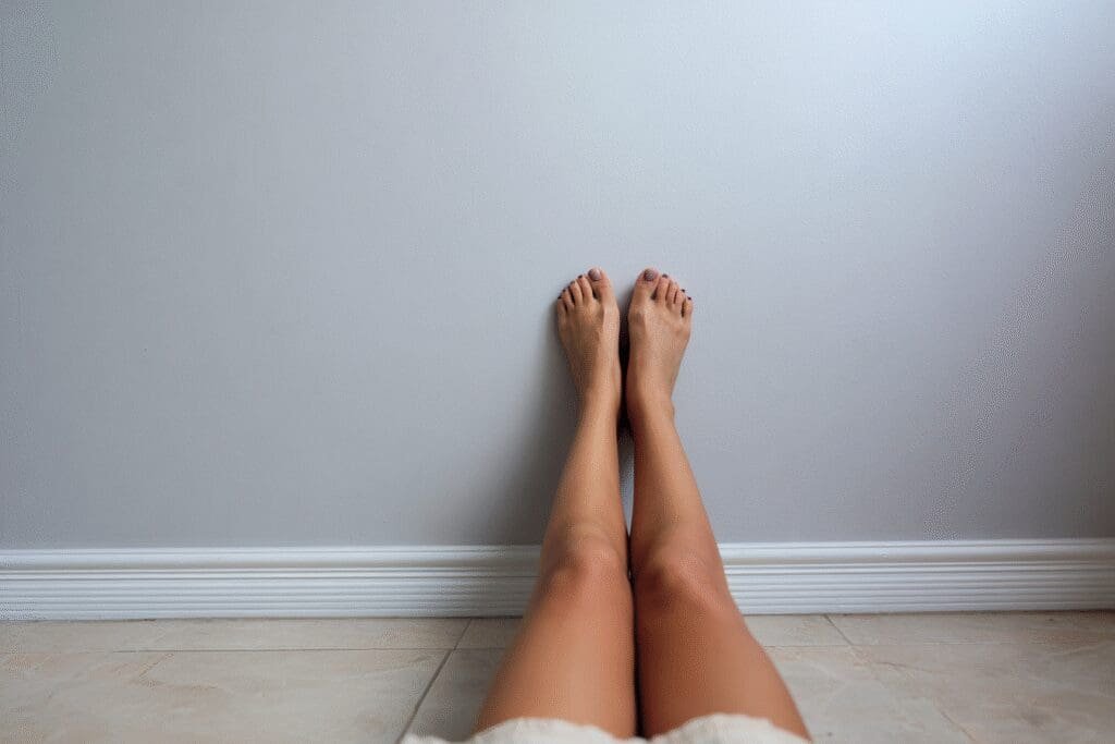 Osoba se odmara s nogama podignutim uza zid što je prirodna metoda za smanjenje otoka na nogama