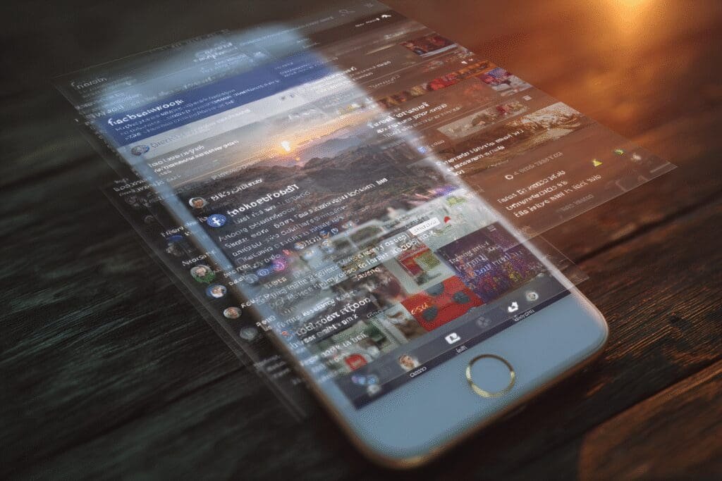 Pametni telefon prikazuje moderni izgled Facebooka s prozirnom slikom starog sučelja preko njega simbolizirajući povratak na stari Facebook
