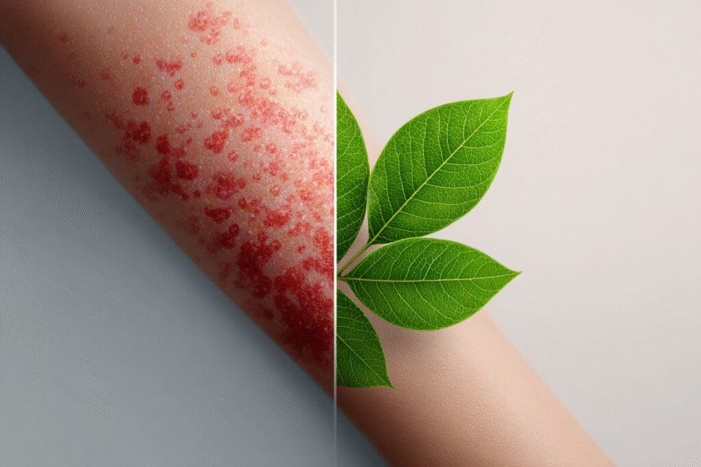 Podijeljena slika kože koja prikazuje prijelaz iz upaljenog u zdravo stanje uz pomoć prirode simbolizirajući olakšanje od psorijaze