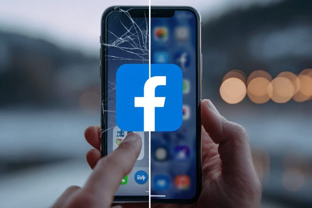 Podijeljeni ekran prikazuje brisanje Facebook aplikacije s Android i iOS sučelja na mobitelu