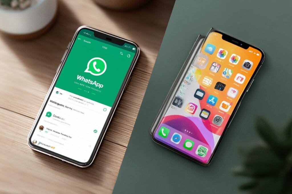 Podijeljeni ekran prikazuje stranicu za preuzimanje WhatsAppa u Google Play i Apple App trgovini