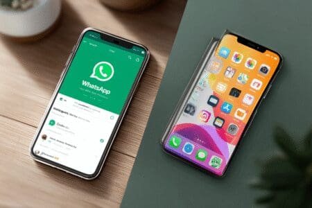 Podijeljeni ekran prikazuje stranicu za preuzimanje WhatsAppa u Google Play i Apple App trgovini
