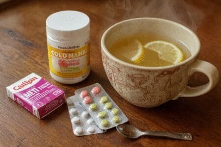 Pribor za borbu protiv prehlade vrući čaj vitamin C cink i juha kao prikaz brzih metoda za liječenje