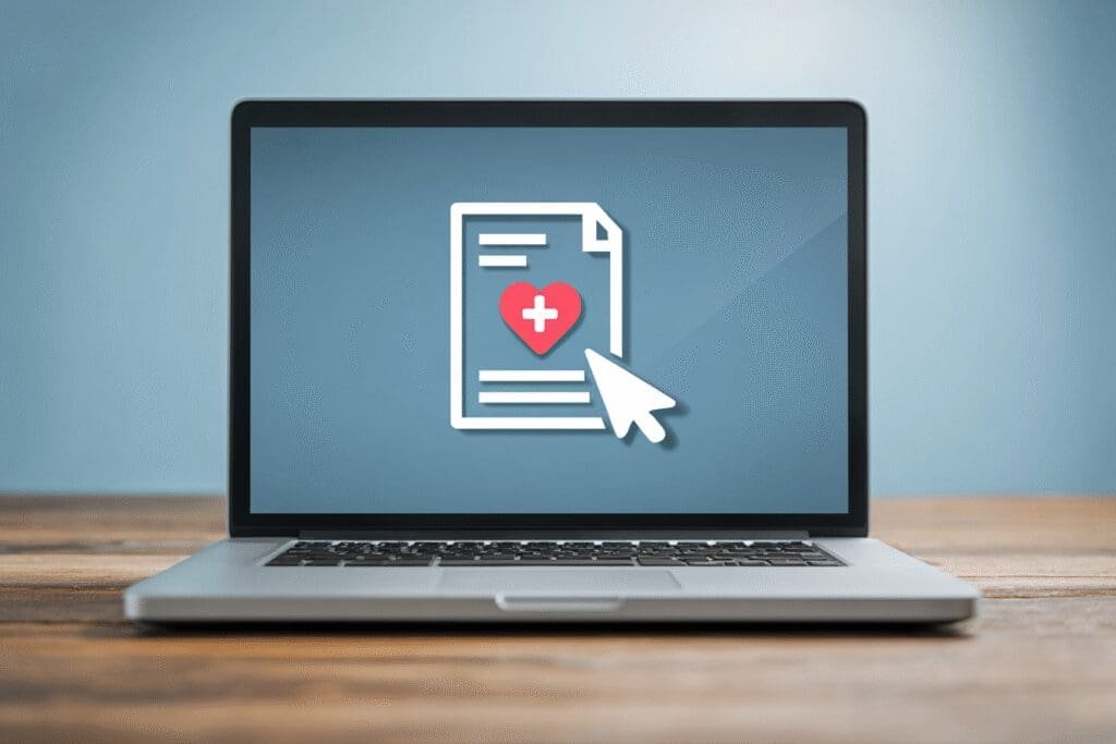 Prikaz laptopa s web stranicom sustava e-Građani gdje je istaknut medicinski nalaz kao korak po korak vodič za uvid u nalaze