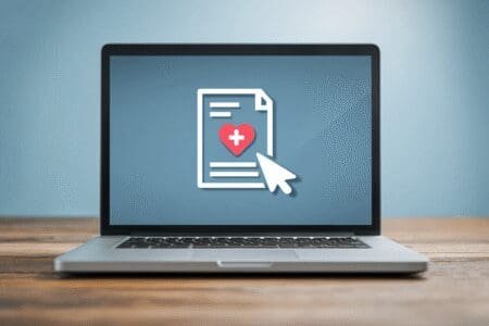 Prikaz laptopa s web stranicom sustava e-Građani gdje je istaknut medicinski nalaz kao korak po korak vodič za uvid u nalaze