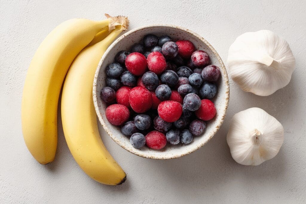 Prikaz namirnica koje pomažu u snižavanju krvnog tlaka banana bobičasto voće i češnjak