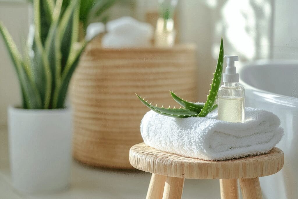 Prirodni lijekovi za liječenje hemoroida kod kuće uključujući list aloe vere i hamamelis u ugodnom kućnom okruženju
