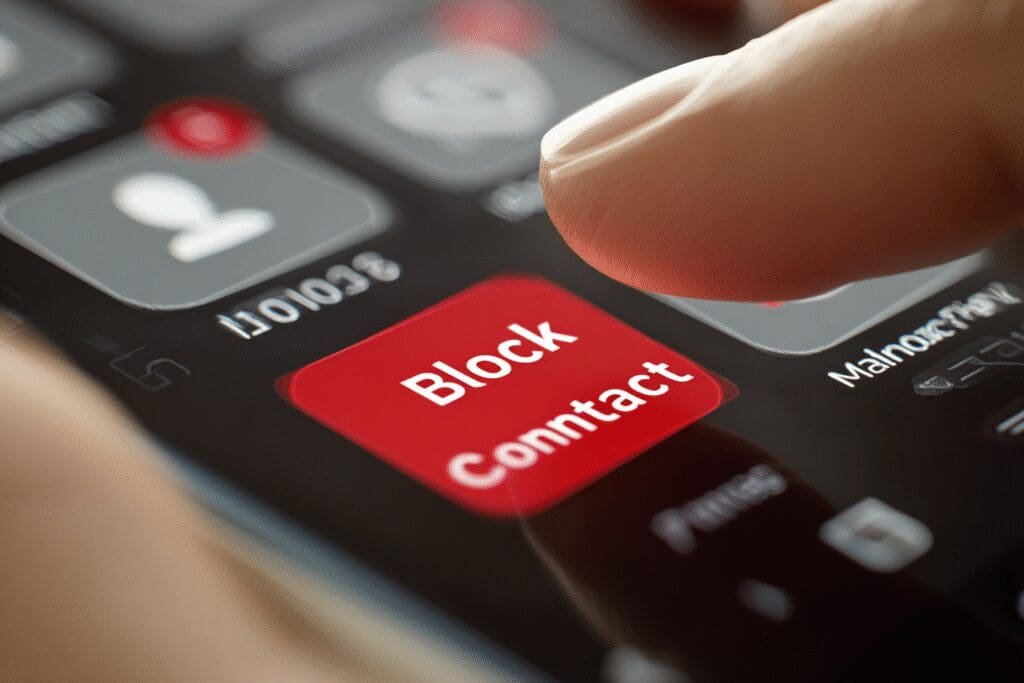 Prst pritišće crveni gumb Blokiraj kontakt na ekranu mobitela kao prikaz postupka blokiranja telefonskog broja