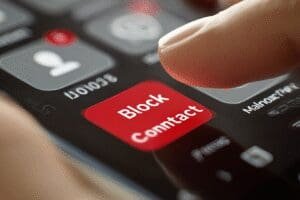 Prst pritišće crveni gumb Blokiraj kontakt na ekranu mobitela kao prikaz postupka blokiranja telefonskog broja