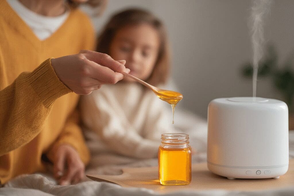 Roditelj daje djetetu žlicu meda uz ovlaživač zraka u pozadini kao sigurnu metodu za smirivanje suhog kašlja