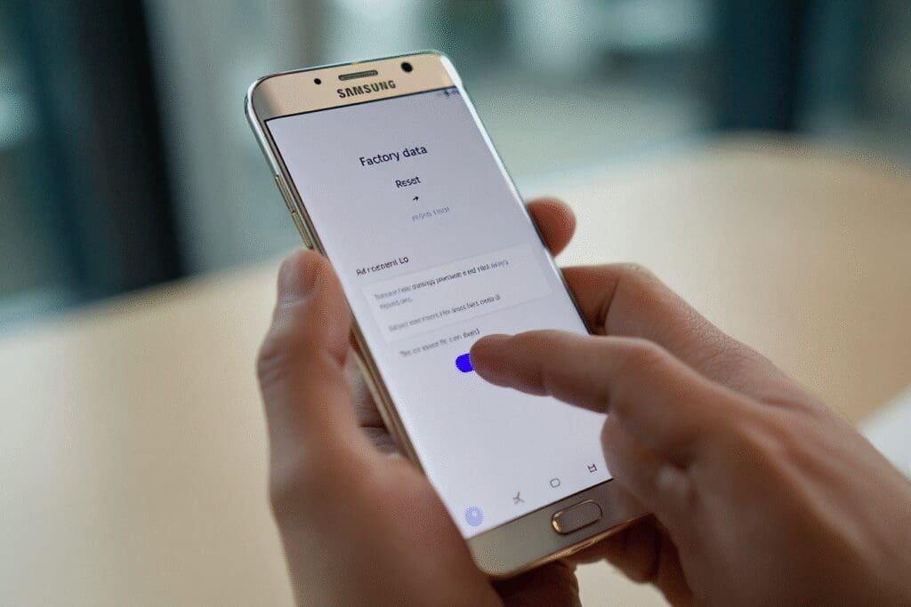 Ruka drži Samsung mobitel i prstom pritišće gumb za vraćanje na tvorničke postavke u izborniku