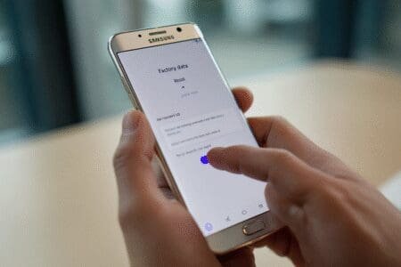 Ruka drži Samsung mobitel i prstom pritišće gumb za vraćanje na tvorničke postavke u izborniku