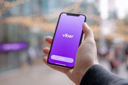 Ruka drži mobitel na čijem ekranu prst pritišće gumb Instaliraj za Viber aplikaciju u trgovini aplikacija