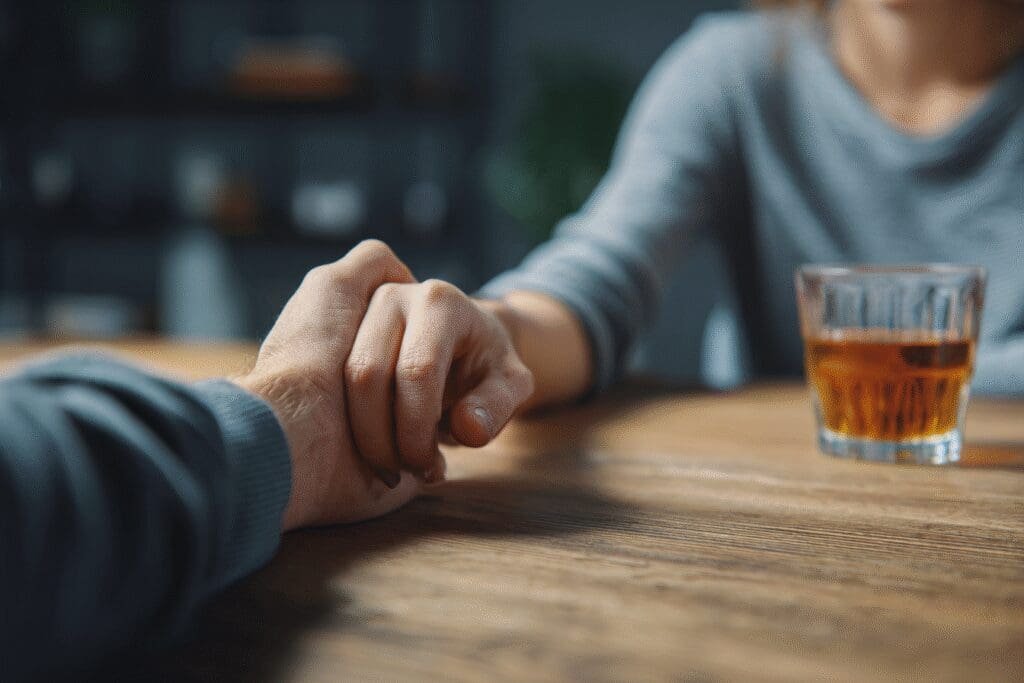 Ruka jedne osobe pruža podršku drugoj za stolom kao prikaz brižne intervencije i pomoći kod liječenja od alkohola