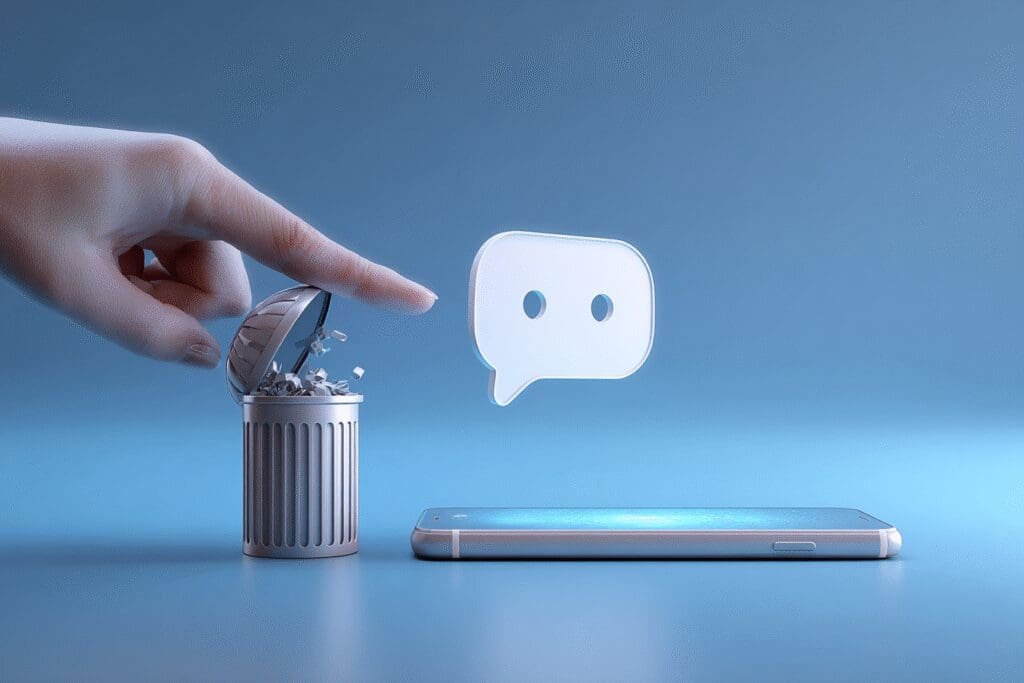 Ruka vadi izbrisanu poruku iz digitalne kante za smeće i vraća je u chat prikazujući opcije za povratak poruka