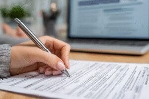 Ruke osobe ispunjavaju obrazac za zdravstveno osiguranje prikazujući korak po korak proces obnove osiguranja