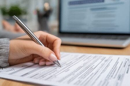 Ruke osobe ispunjavaju obrazac za zdravstveno osiguranje prikazujući korak po korak proces obnove osiguranja