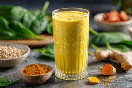 Zlatno-žuti protuupalni smoothie u čaši s kurkumom i đumbirom kao primjer prirodne metode za podršku štitnjači