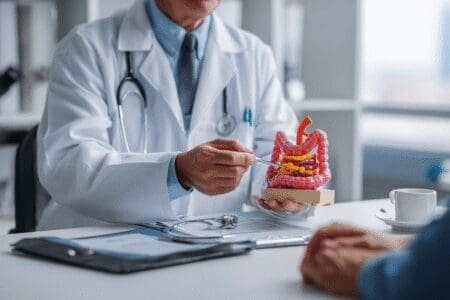 Gastroenterolog koristi anatomski model probavnog sustava kako bi objasnio stanje pacijentu tijekom pregleda