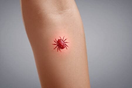 Jasna medicinska ilustracija karakterističnog osipa u obliku mete erythema migrans nakon ugriza krpelja
