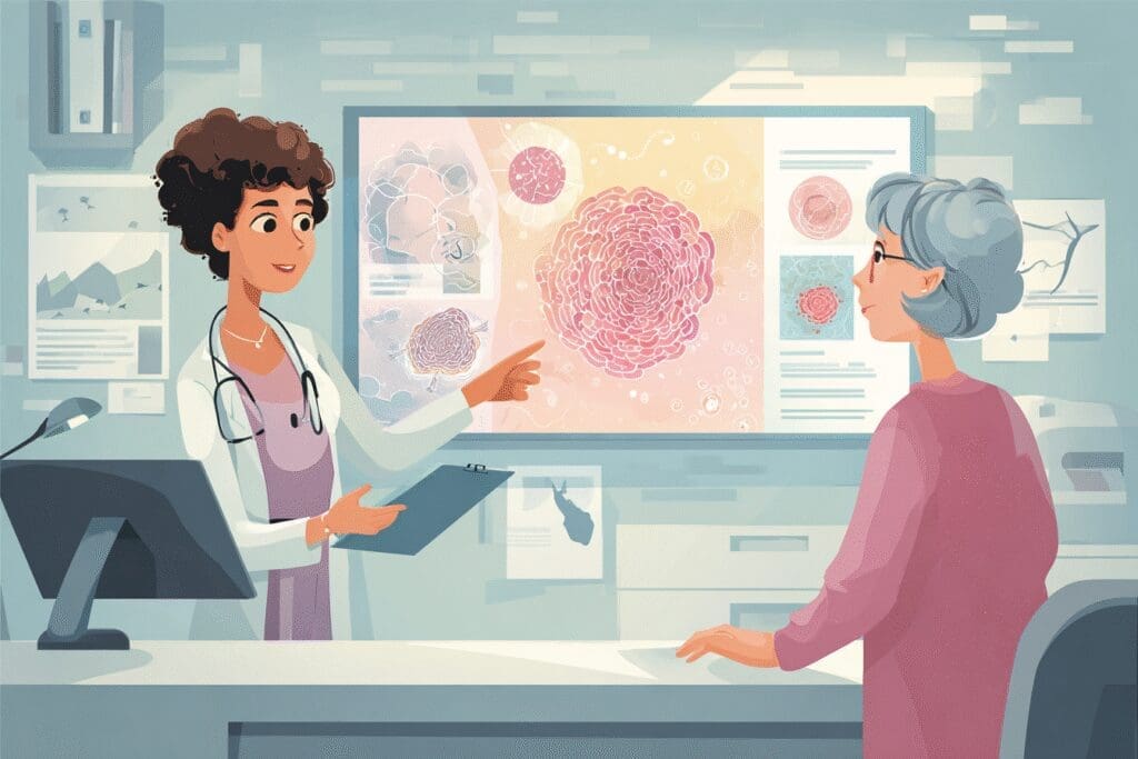 Liječnica objašnjava dijagram pacijentici odgovarajući na često postavljana pitanja za kako smanjiti endometrij maternice u postmenopauzi