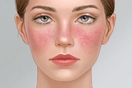 Medicinska ilustracija karakterističnog leptirastog osipa na licu kao ključnog simptoma za prepoznavanje lupusa