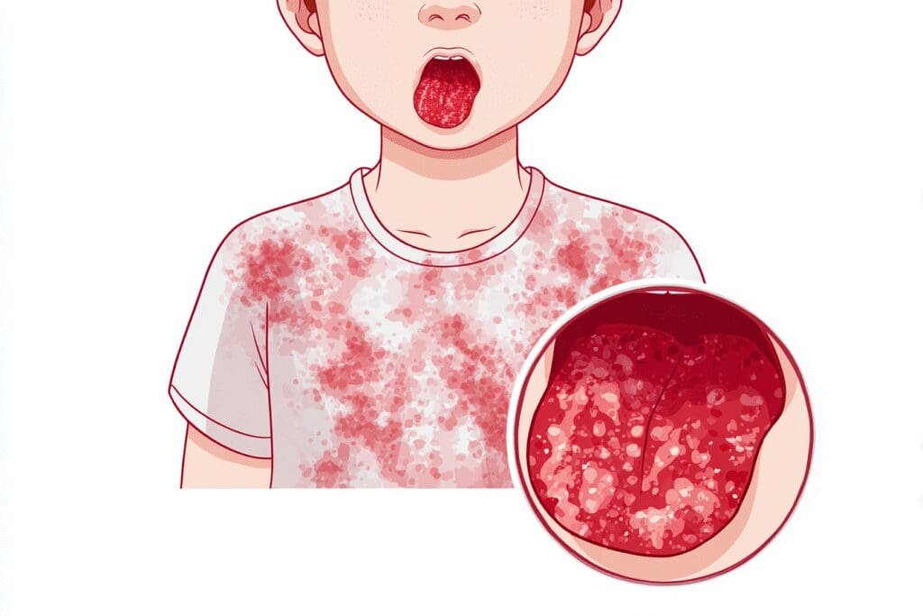 Medicinska ilustracija koja prikazuje dva ključna simptoma šarlaha sitan crveni osip na koži i u uvećanom prikazu natečen i crven jezik s izraženim kvržicama