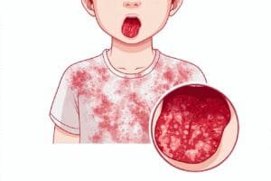 Medicinska ilustracija koja prikazuje dva ključna simptoma šarlaha sitan crveni osip na koži i u uvećanom prikazu natečen i crven jezik s izraženim kvržicama