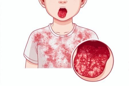 Medicinska ilustracija koja prikazuje dva ključna simptoma šarlaha sitan crveni osip na koži i u uvećanom prikazu natečen i crven jezik s izraženim kvržicama