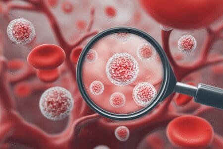 Stilizirana medicinska ilustracija koštane srži koja prikazuje stvaranje abnormalnih bijelih krvnih stanica objašnjavajući uzroke leukemije