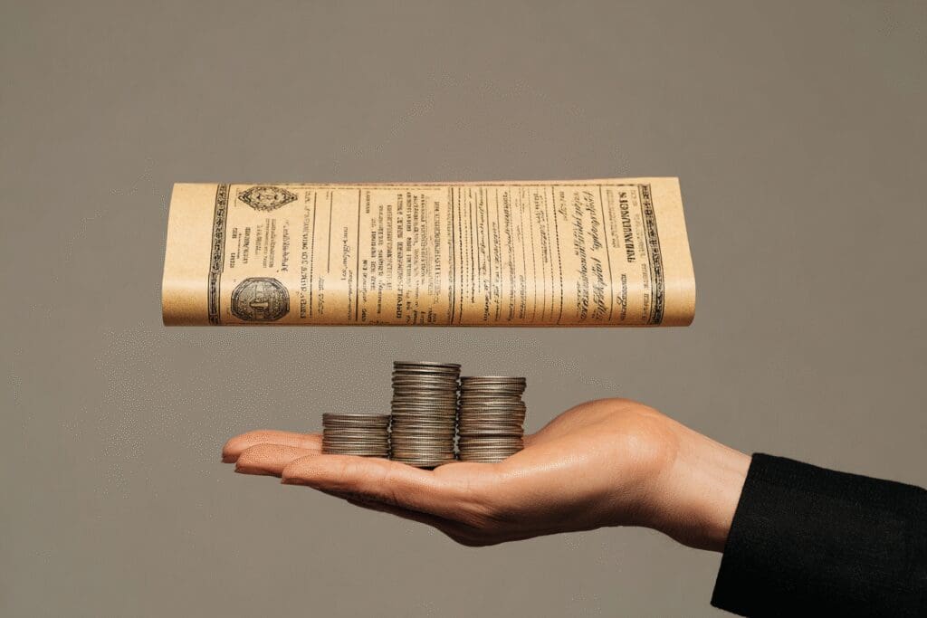 Certifikat o dionici se pretvara u novčiće u ruci ponazarajući kako prodati dionice HT-a