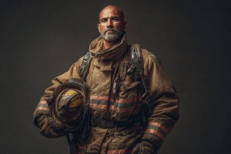 Portret odlučnog vatrogasca u punoj opremi kao prikaz za kako postati vatrogasac