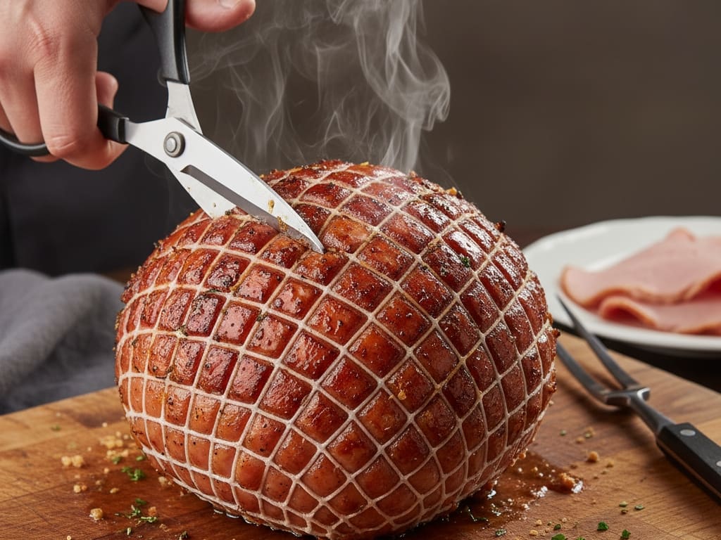 prikaz kuhane šunke na dasci za rezanje s rukom koja škarama pažljivo uklanja mrežicu